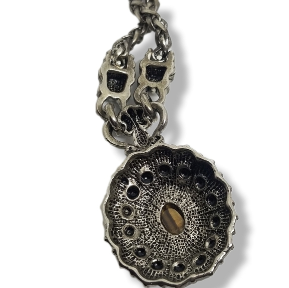 VINTAGE ORNATE SILVERTONE TIGERS EYE PENDANT & WHEAT CHAIN STATEMENT NECKLACE - Picture 6 of 8